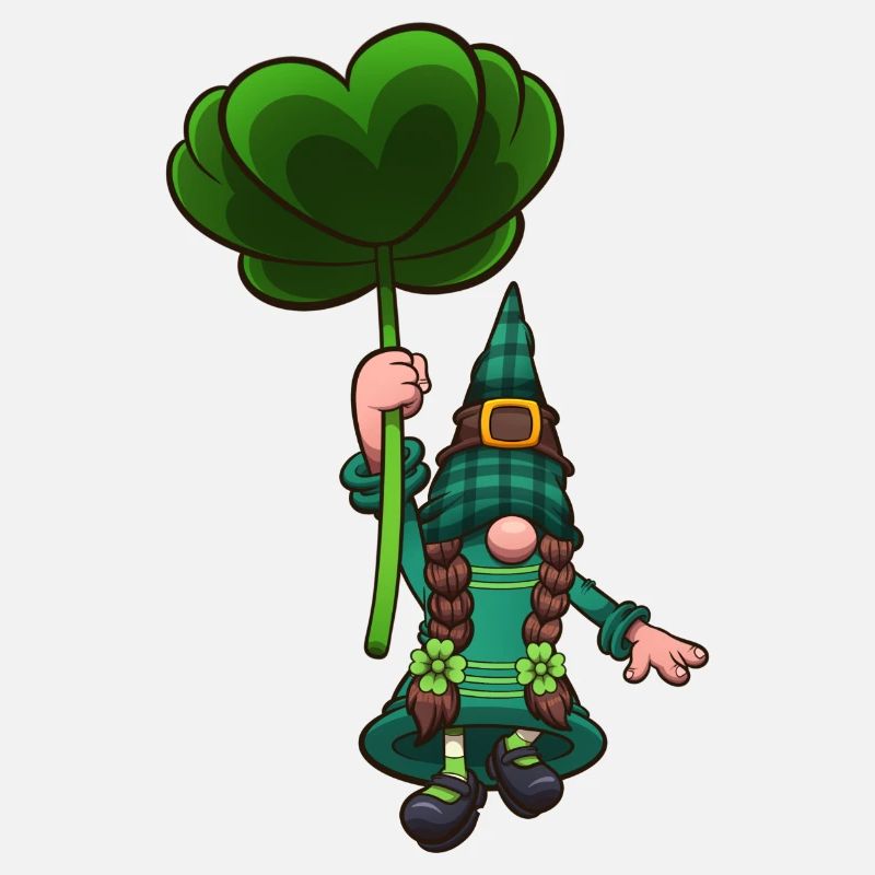 Female Leprechaun Gnome Flying With Clover Leaf
