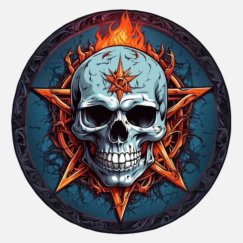 Skull and pentagram flames in circle
