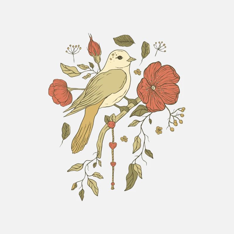 Handgezeichnete schöne Kunst mit Vogel und Blumen