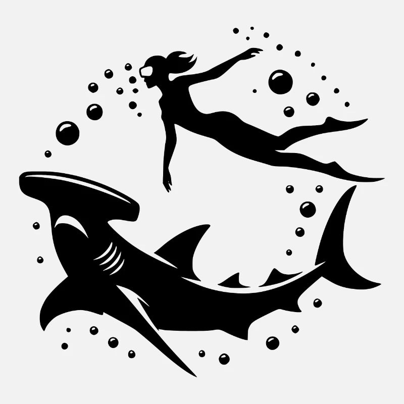 Hammerhead shark and diver chilling underwater