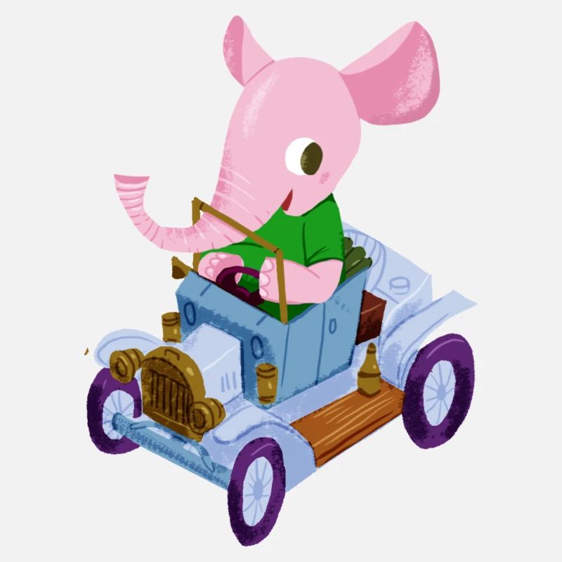 Elephant in a vintage car