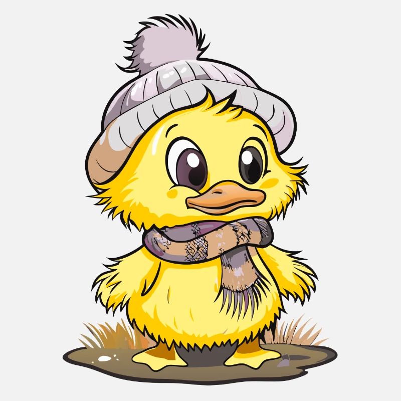 Canard mignon avec écharpe et chapeau à pompon.