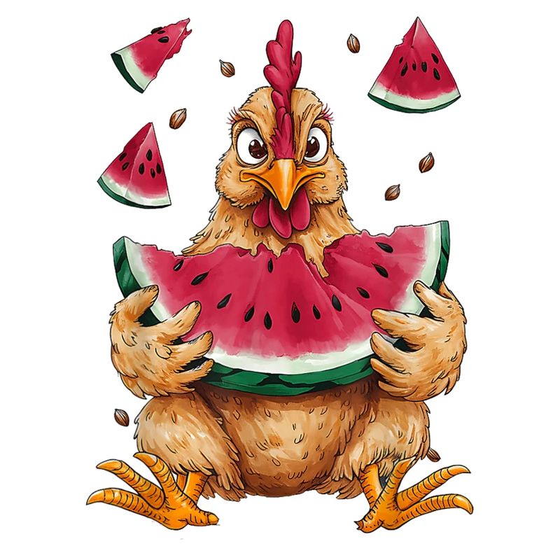 Poulet mignon mangeant des fruits de pastèque d’été