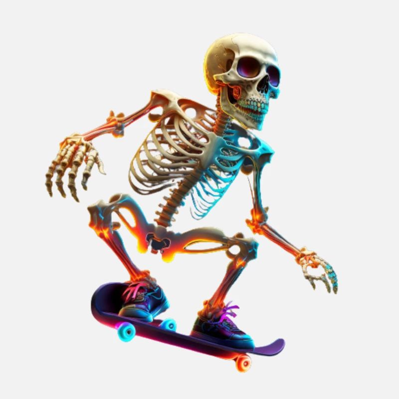 Skeleton riding a skateboard