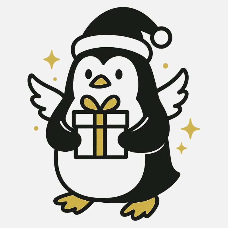 Pinguin mit Geschenk und Weihnachtsmütze