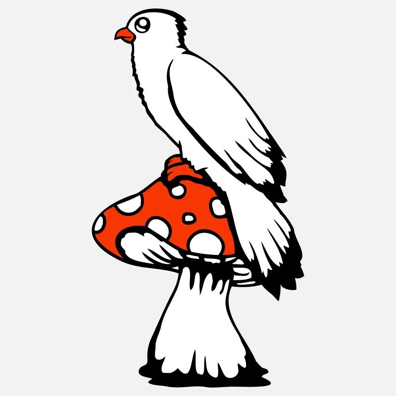 Bird sitting cute big mushroom dots toadstool