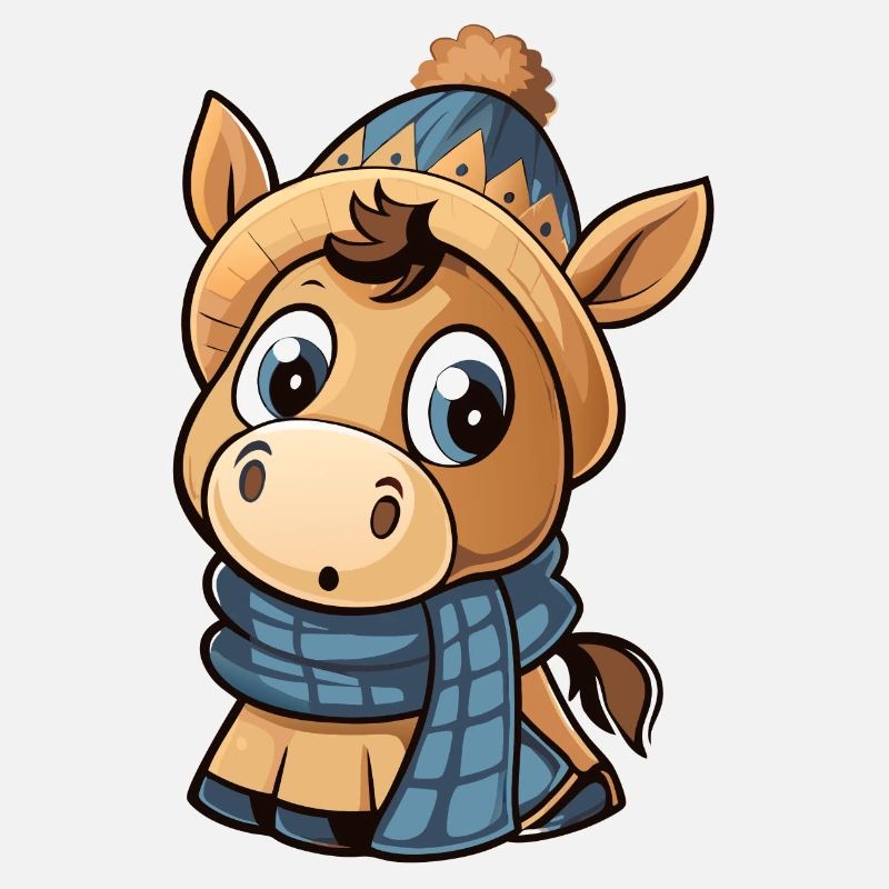 Poney mignon avec écharpe et chapeau à pompon.