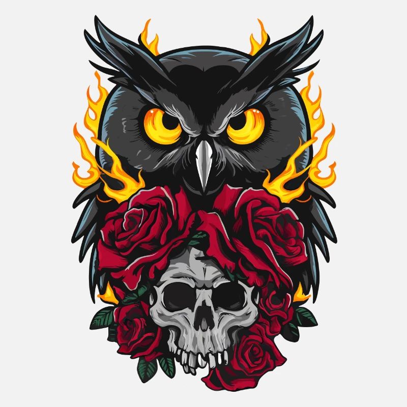 Mystische Eule sitzt auf Skull mit roten Rosen