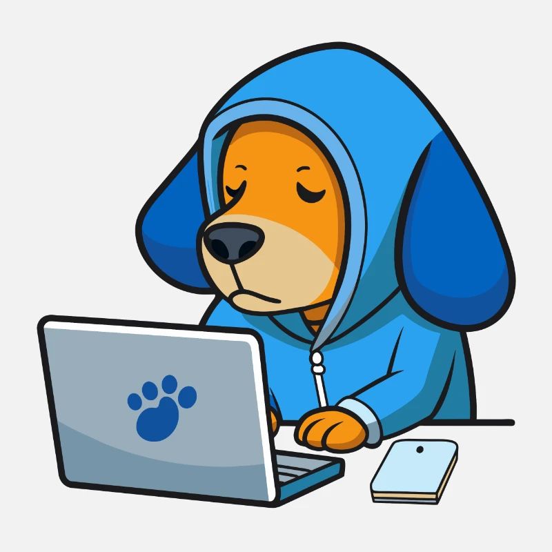 Niedlicher Hacker Hund schläft im Hoodie vorm PC