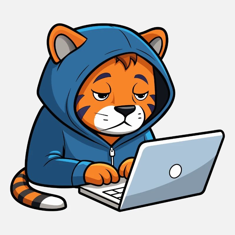 Niedlicher Hacker Tiger schläft im Hoodie vorm PC