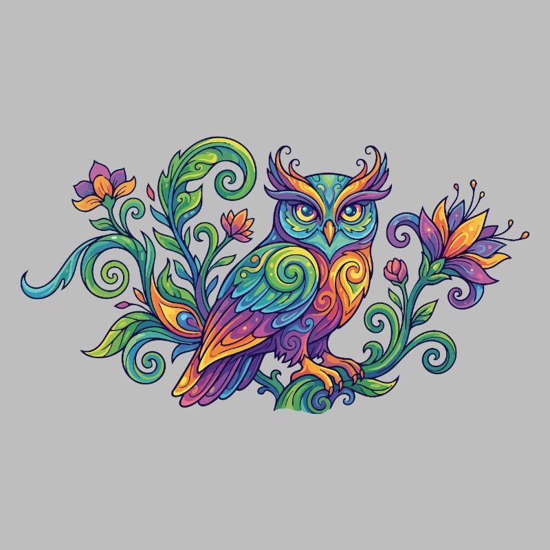 Farbenfrohe Eule im Baum mit Blüten Ornamenten