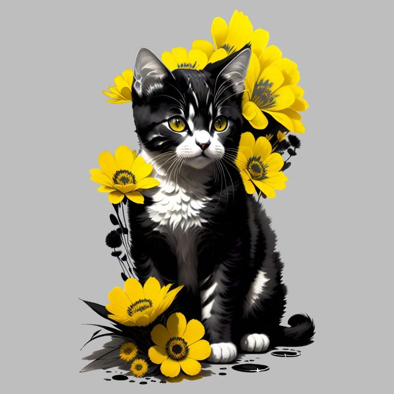 Kätzchen sitzend mit gelben Blumen
