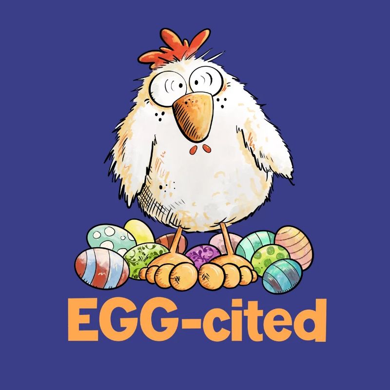 Excited Chicken with Easter Eggs Saying Eggcited