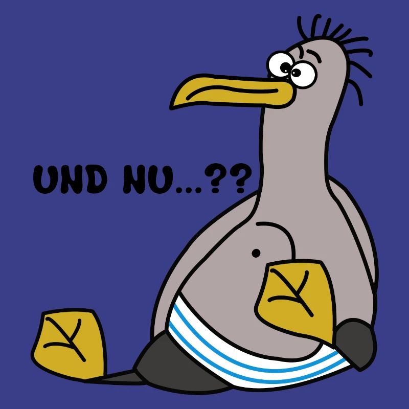 Eine Möwe die schielt und sitzt mit Spruch