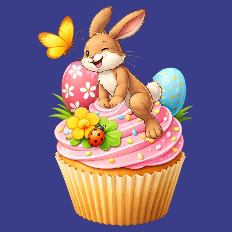 Cute Easter Bunny Cupcake with Colorful Easter Eggs