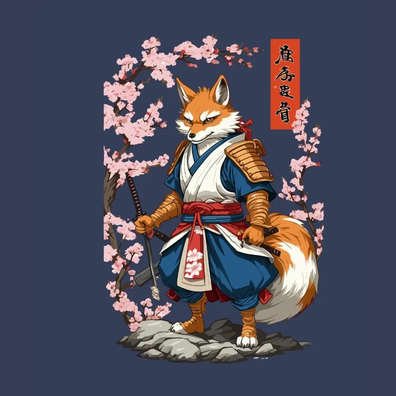 Kitsune Samurai Fox Vintage Ukiyo-e Style