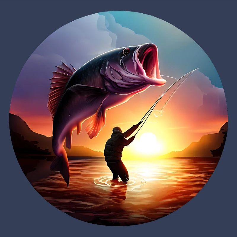 Pêcheur avec coucher de soleil de poisson géant