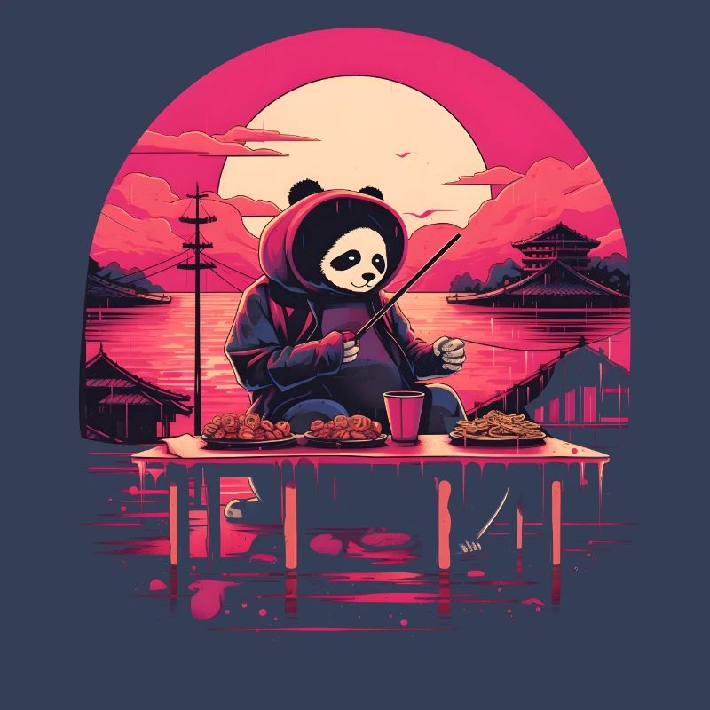 Synthwave mangeant Panda Japon Coucher de soleil
