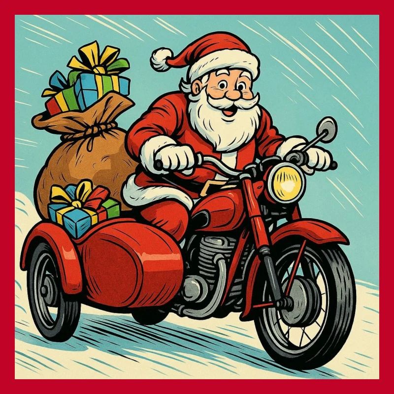 Weihnachtsmann auf einem Motorrad mit Seitenwagen – Comic-Stil