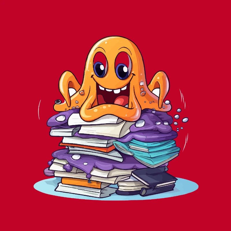 Learning octopus with stack of books