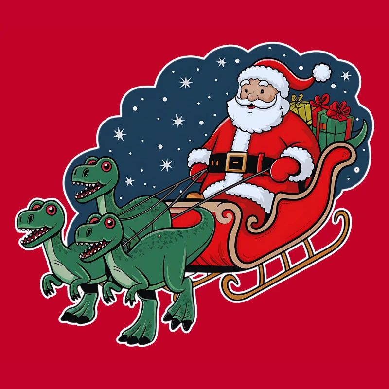 Santa Claus riding a sleigh pulled by dinosaurs