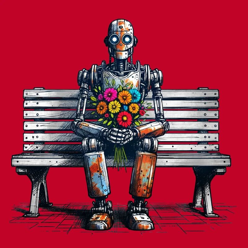 Robot Bench Flowers Robot Love Rusty Art