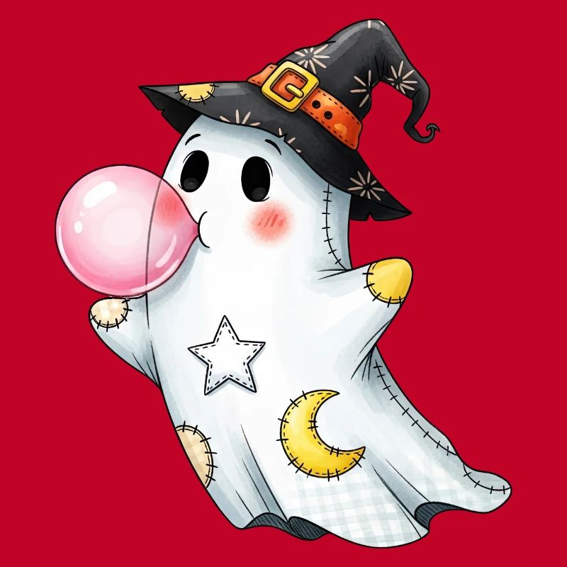 Patchwork cartoon ghost with bubble gum bubble