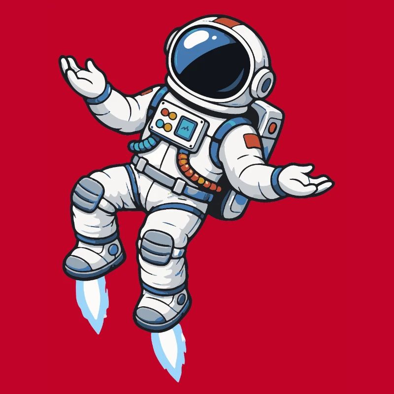 Schwebender Comic Astronaut mit Raketenantrieb