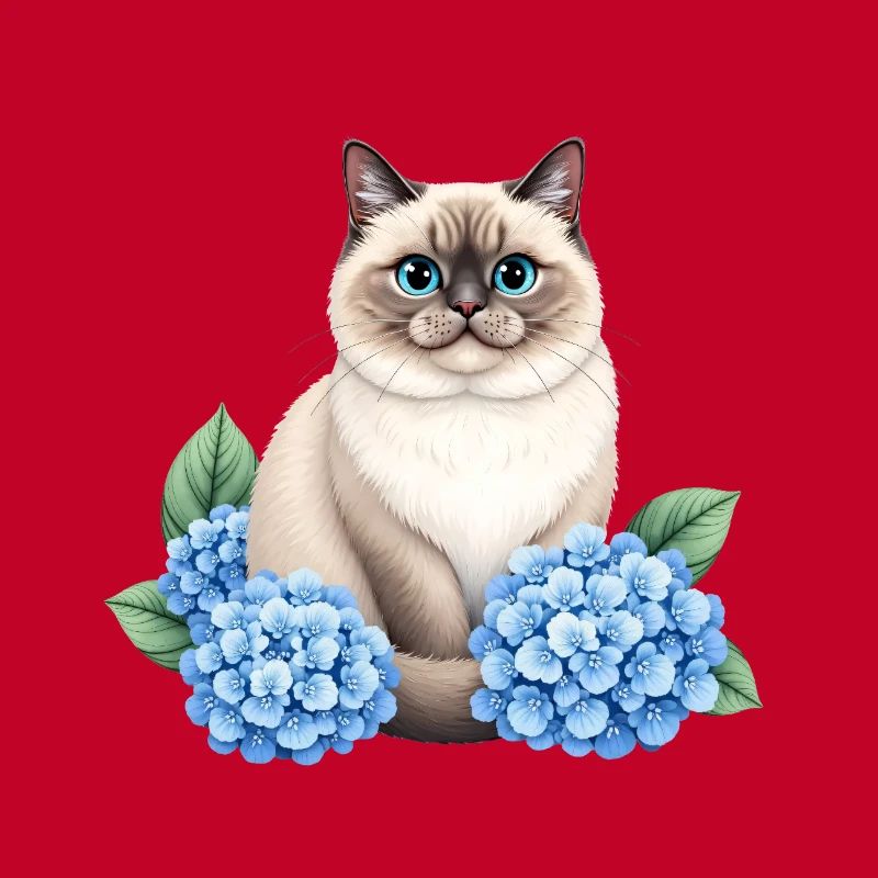 Cute Ragdoll Cat with Blue Hydrangeas