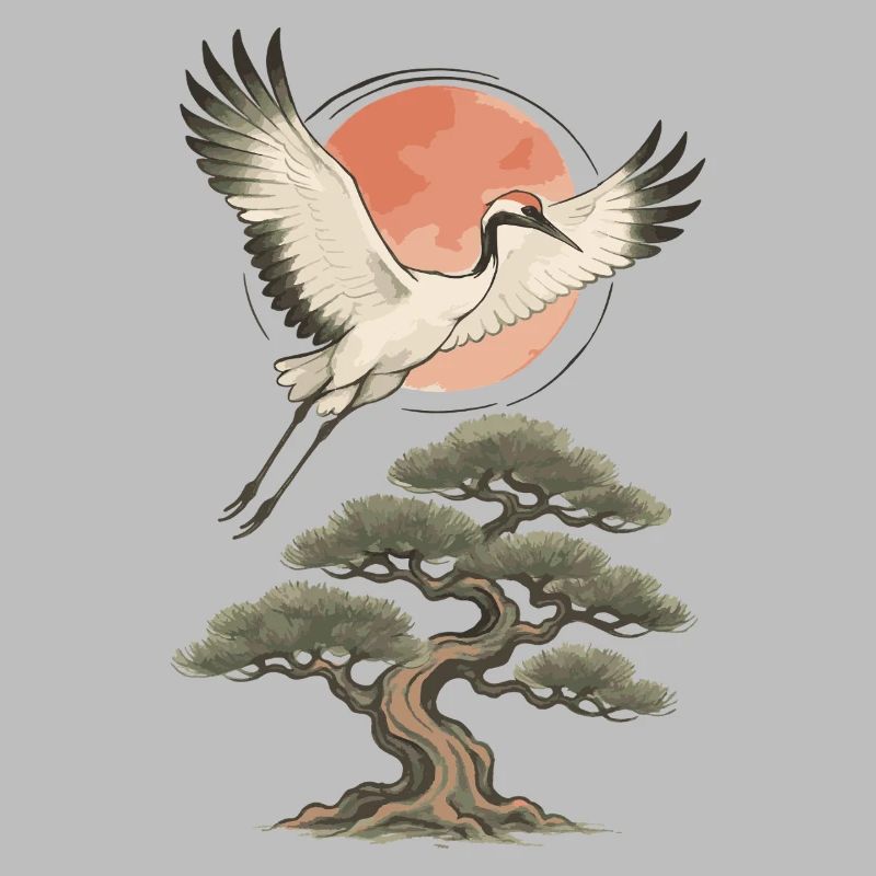 Flying Crane Over Pine Tree