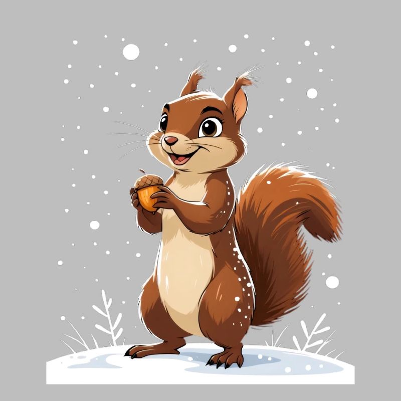 Winterliches Eichhörnchen mit Eichel