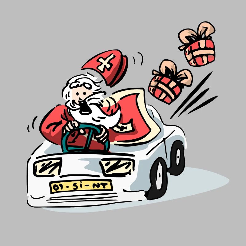 Sinterklaas in een snelle auto