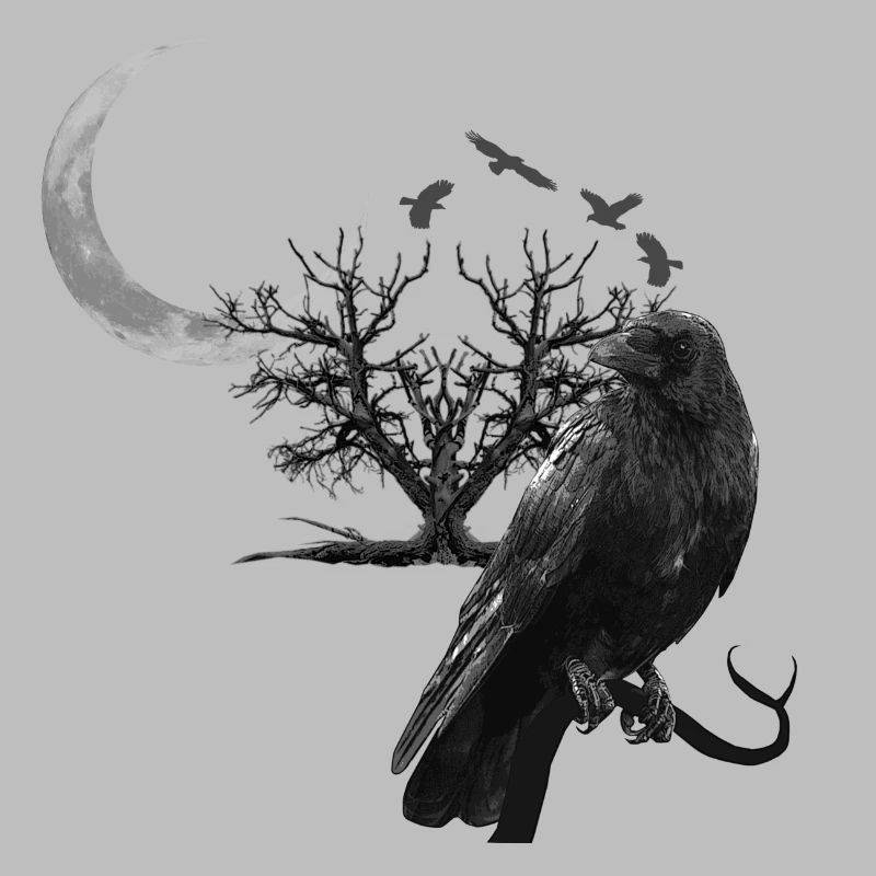 raven, crescent moon, trees, gothic design
