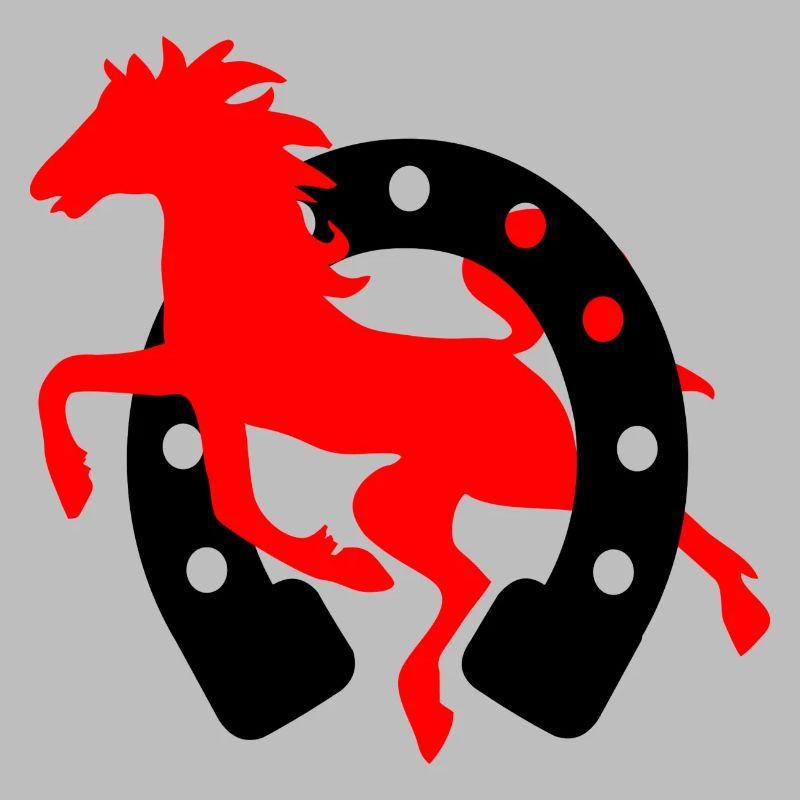 Fer à cheval rouge avec logo de cheval noir école d’équitation