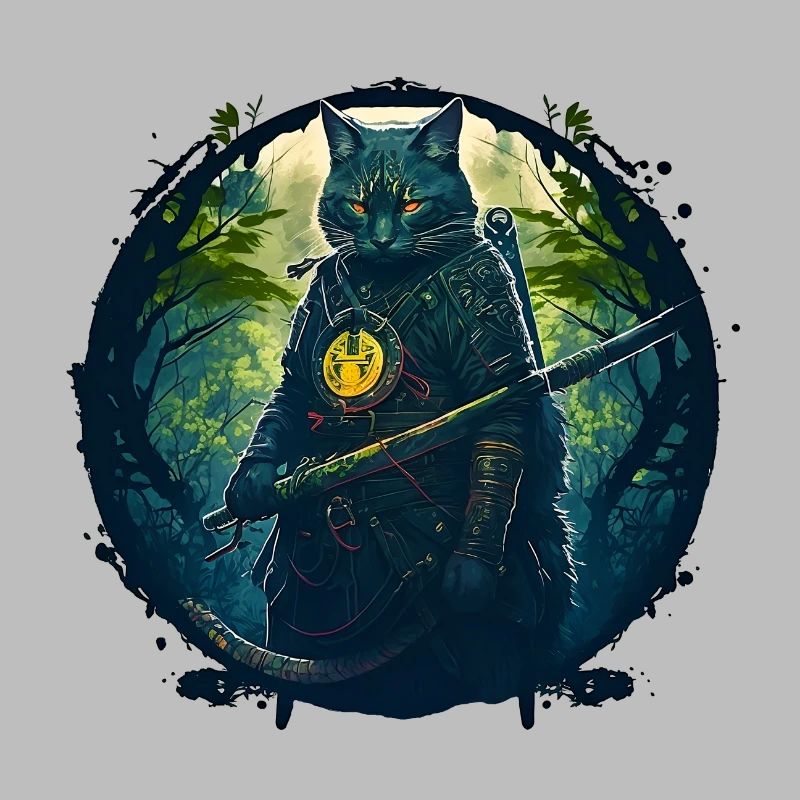 Chat comme samouraï dans la forêt
