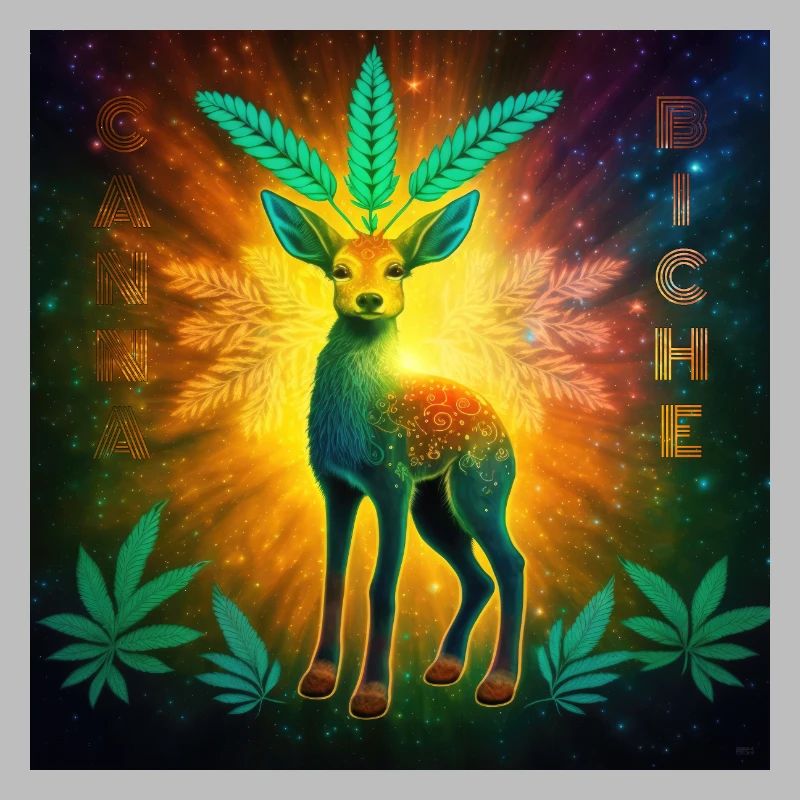 Kosmisches Reh mit Cannabisblättern
