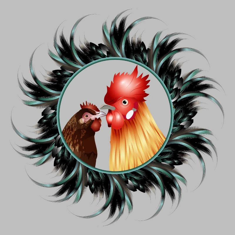 Rooster with hen in feather frame