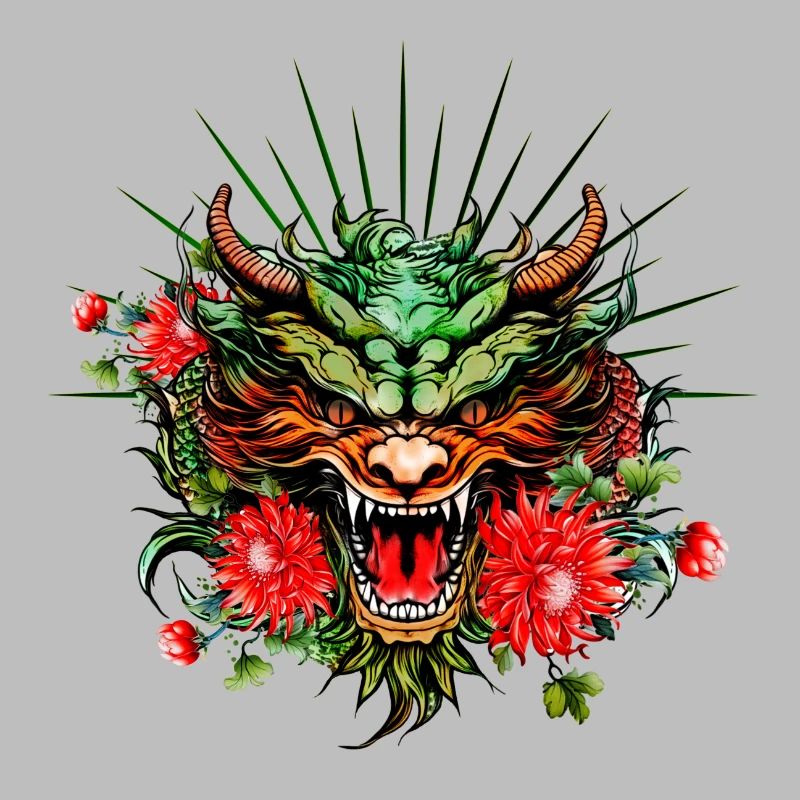 Merveilleuse tête de dragon colorée avec des fleurs.