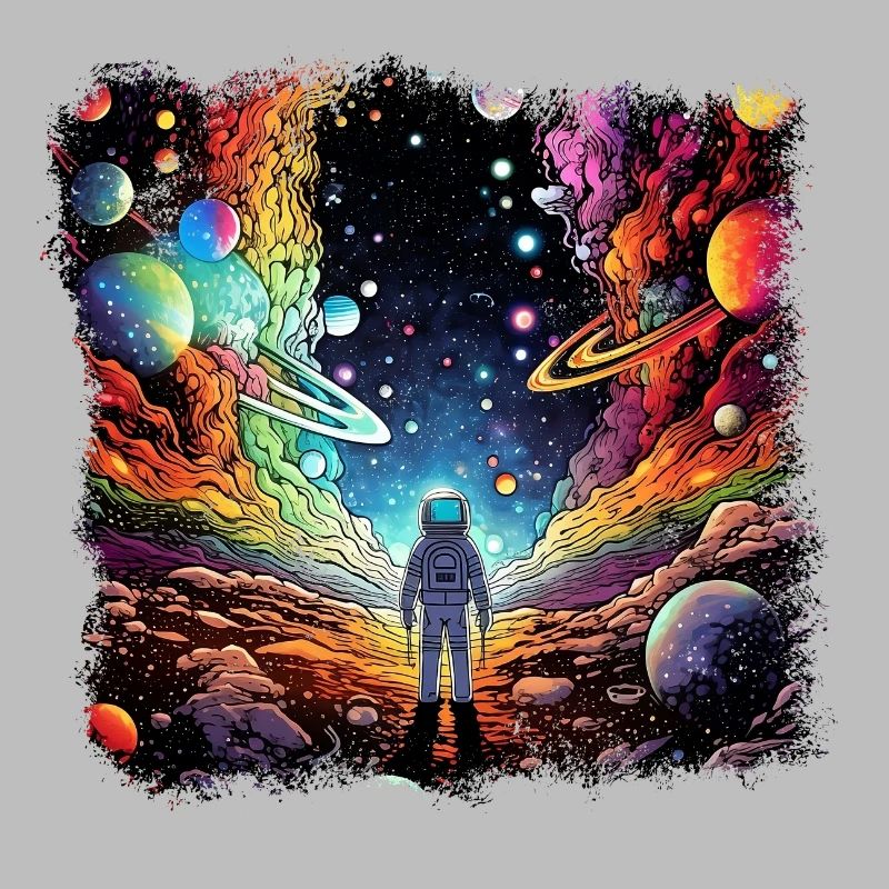Surrealist space artwork with planets