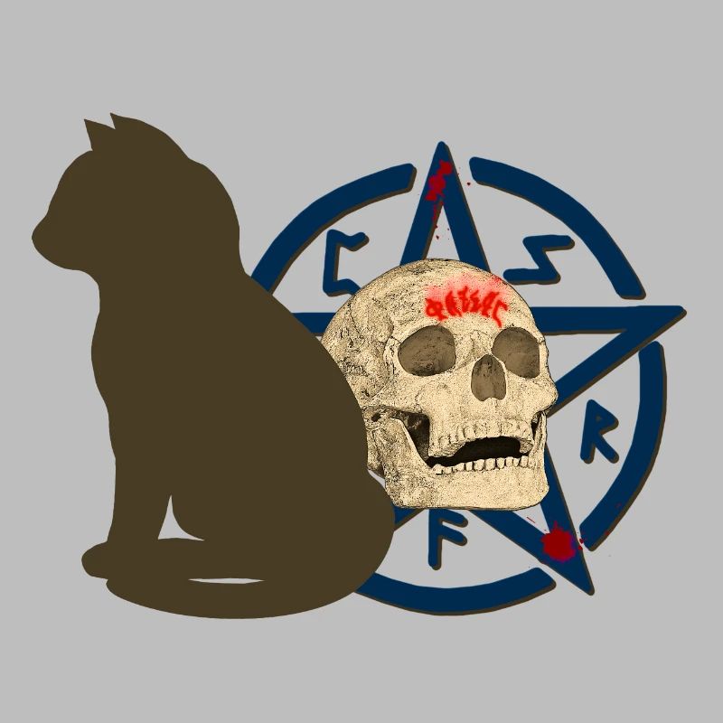 Pentagram muster, Katzen design, Menschenschädel