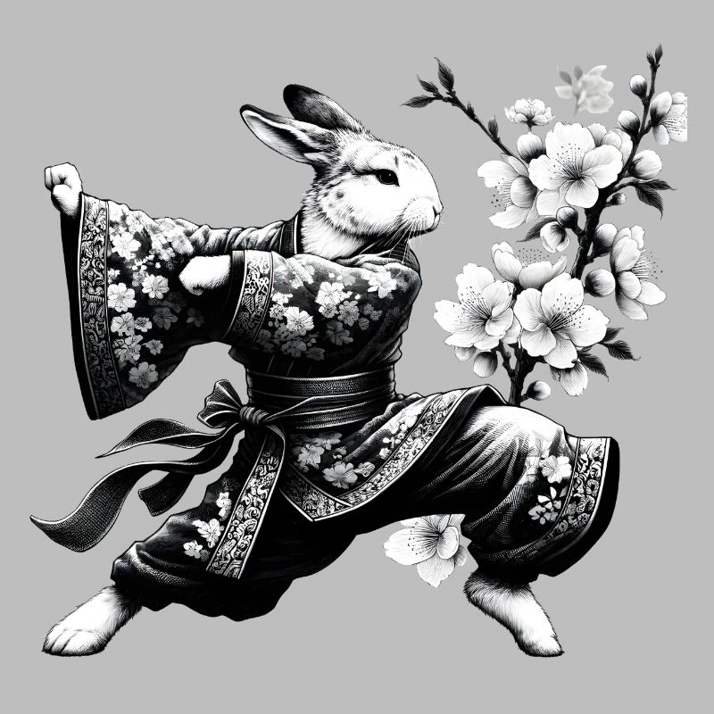 Hase mit Kimono in einer Kung Fu Kampfstellung