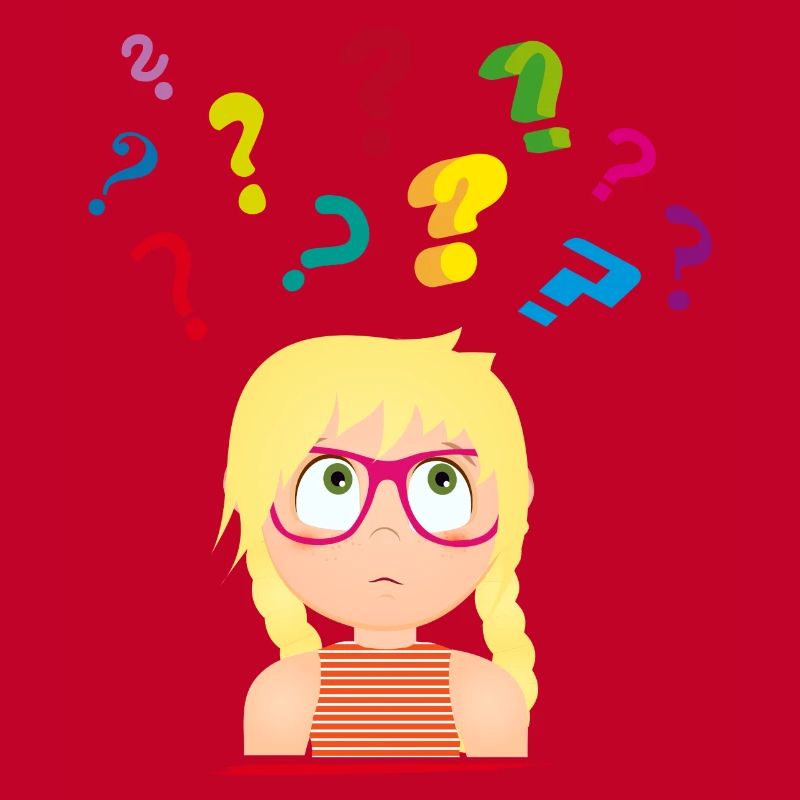 Fille avec des lunettes avec de nombreux points d’interrogation colorés
