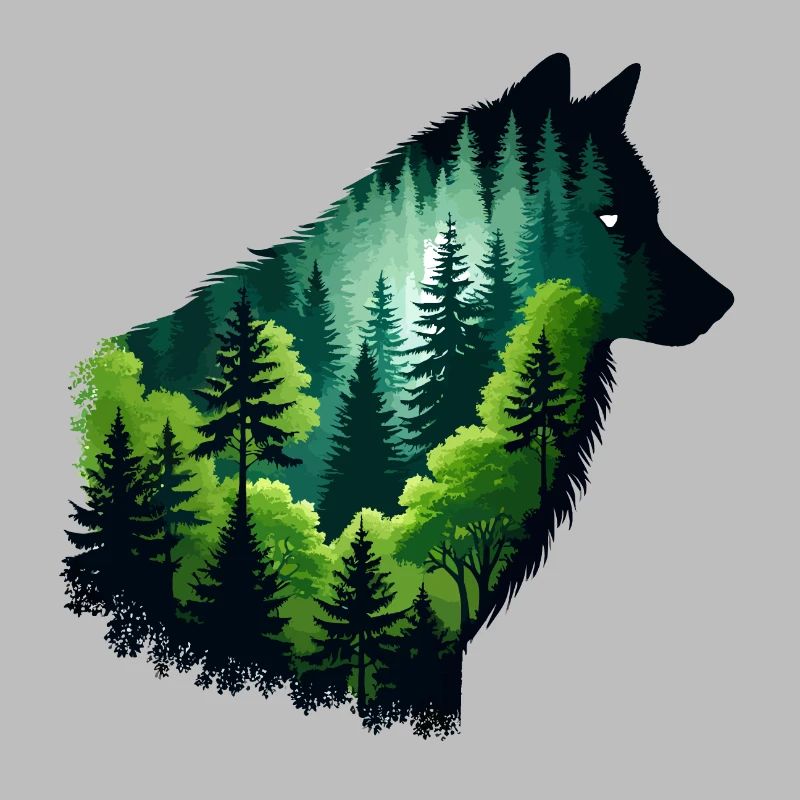 Silhouette Wolf with Green Forest