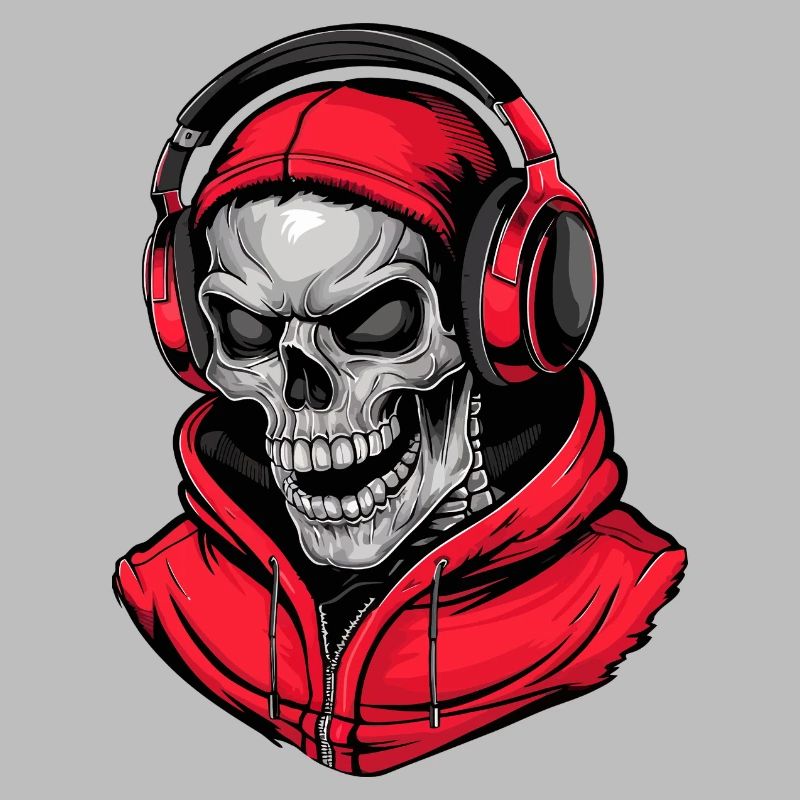 Totenkopf in Rot Kapuzenpullover mit Kopfhörern