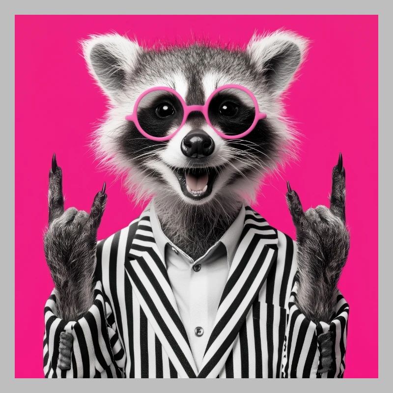 Waschbär mit Doppel Rock Handgeste