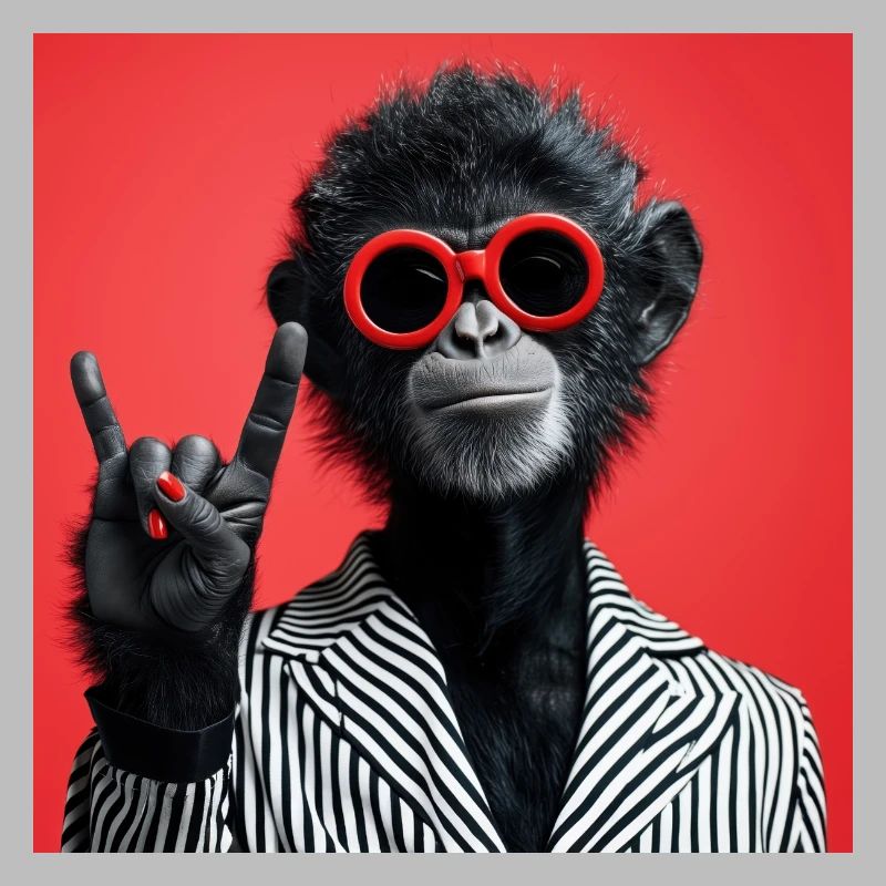 Affe mit roter Sonnenbrille macht Rock Geste