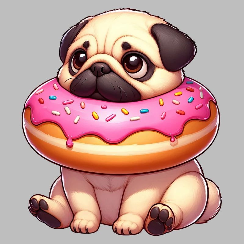 Cute Pug Dog with Donut Snacking Dessert
