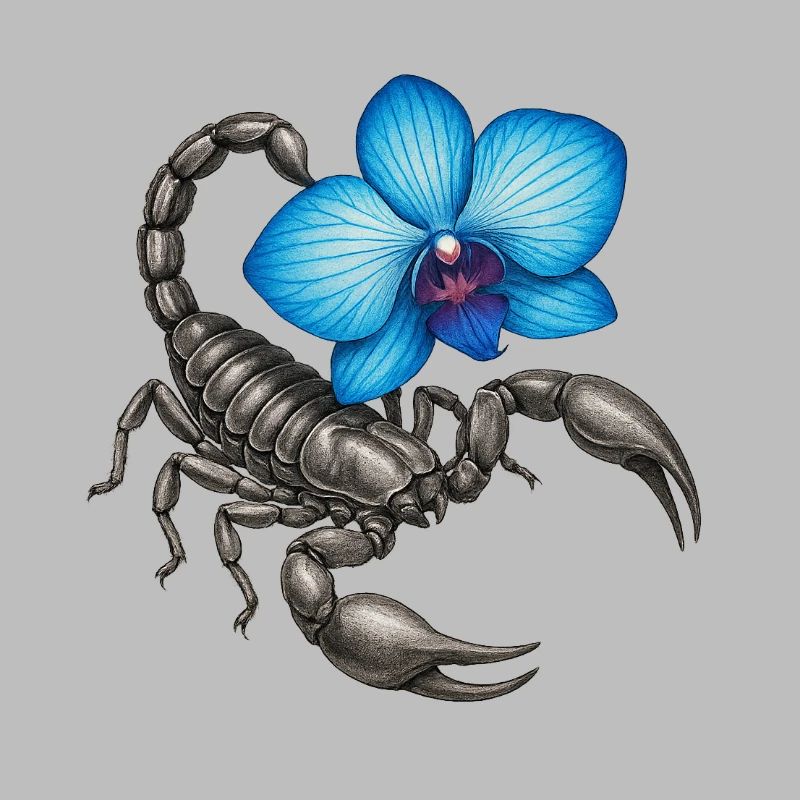 Skorpion mit blauer Orchidee