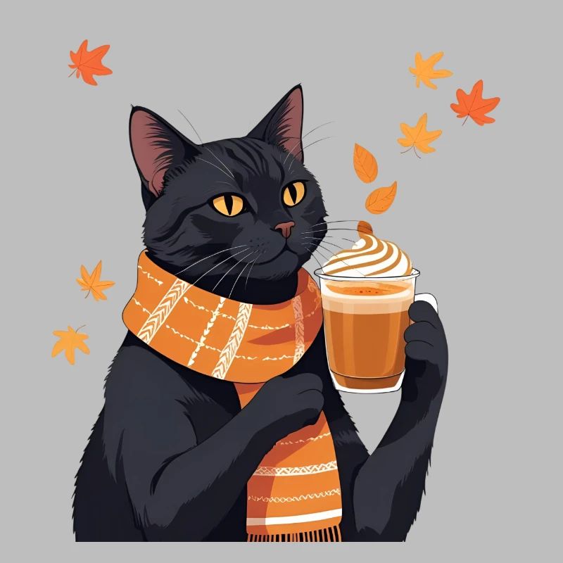 Black Cat with Pumpkin Spice Latte - Fall