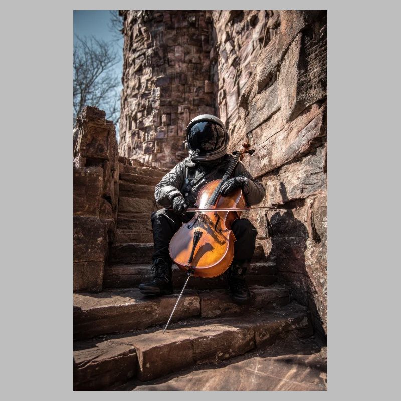 Astronaut Playing Cello on Stone Steps